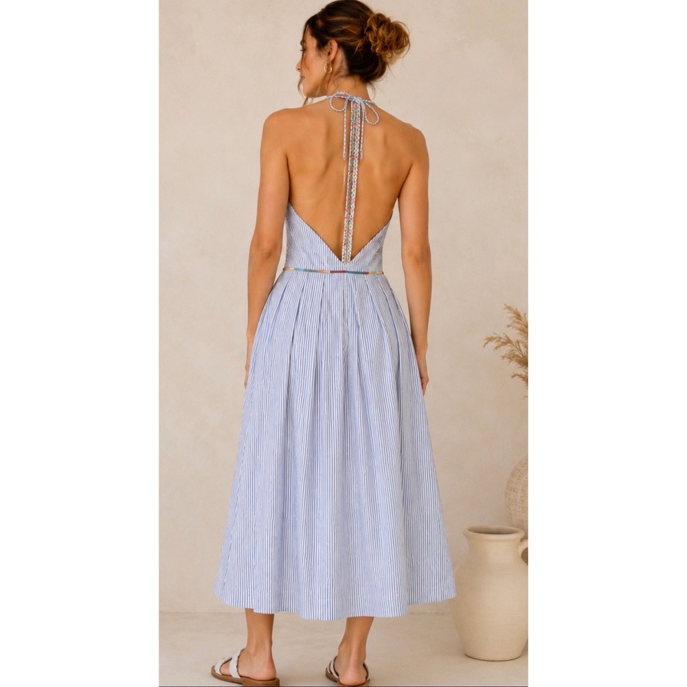 NWT Derhy Paris 100% Cotton Embroidered Halter Midi Dress M Open Back Boho - Picture 2 of 15